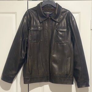 Brave Soul men's brown faux-leather jacket with a faux fur lining.